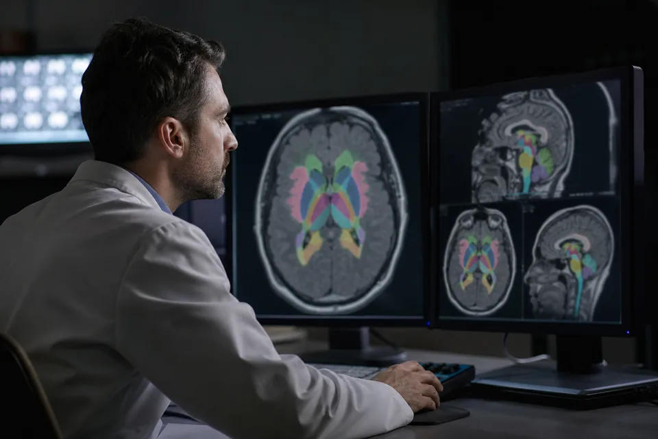 Neuroradiologist reviewing a color-coded brain MRI segmentation on reading room monitors