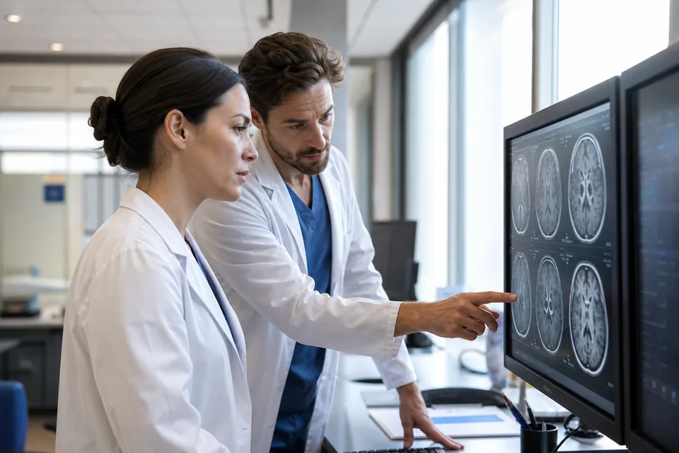 Neurologist and radiologist reviewing a follow-up brain MRI together