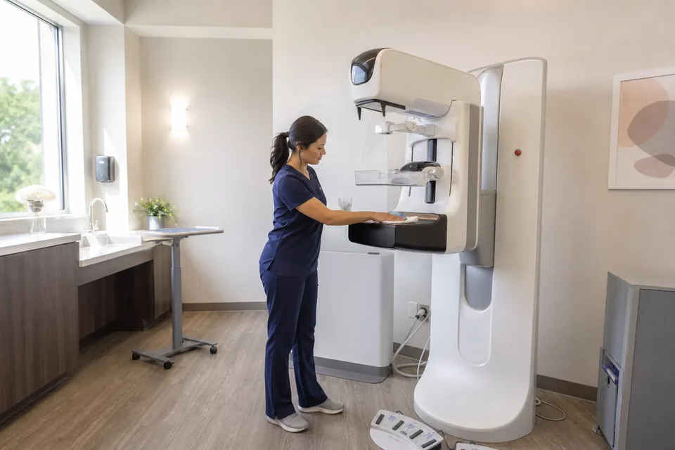 Technologist preparing an outpatient mammography suite