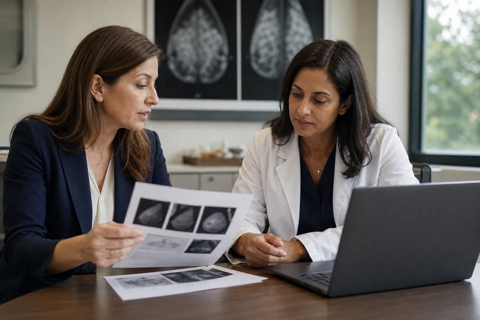 Breast center director and radiologist reviewing breast density reports
